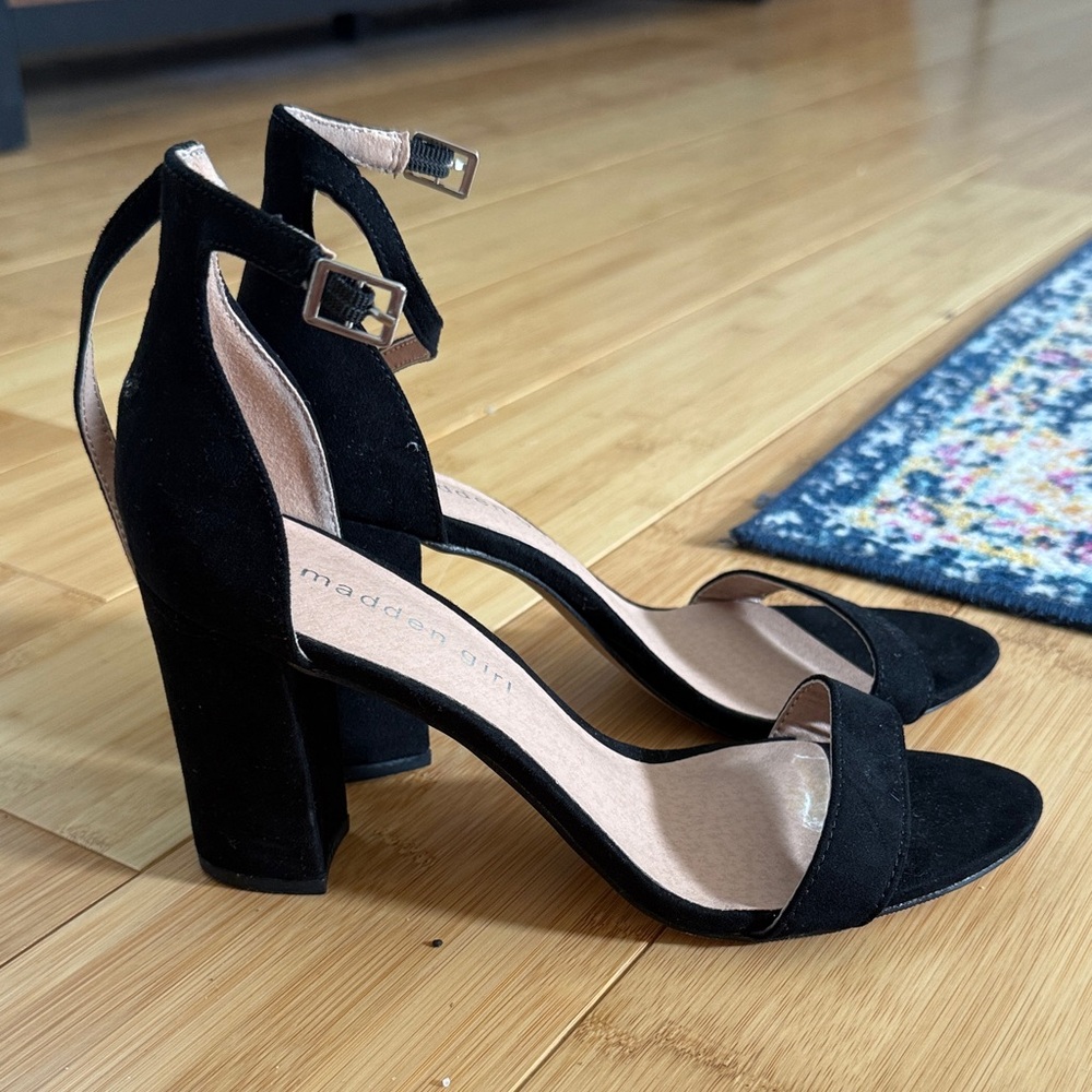 Madden Girl Black Suede Ankle Strap Block Heels
